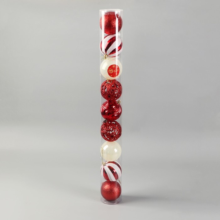фото Набор шаров пластик d-8 см, 9 шт "мелодия" орнамент полосы, бело-красный зимнее волшебство