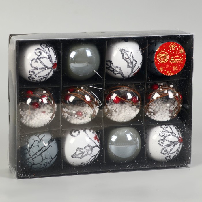 фото Набор шаров пластик d-6 см, 12 шт "мелодия элит" ассорти, белый серый зимнее волшебство