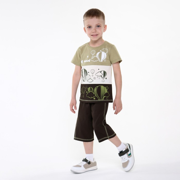 Комплект для мальчика (футболка, шорты), цвет оливковый/экрю, рост 110 см