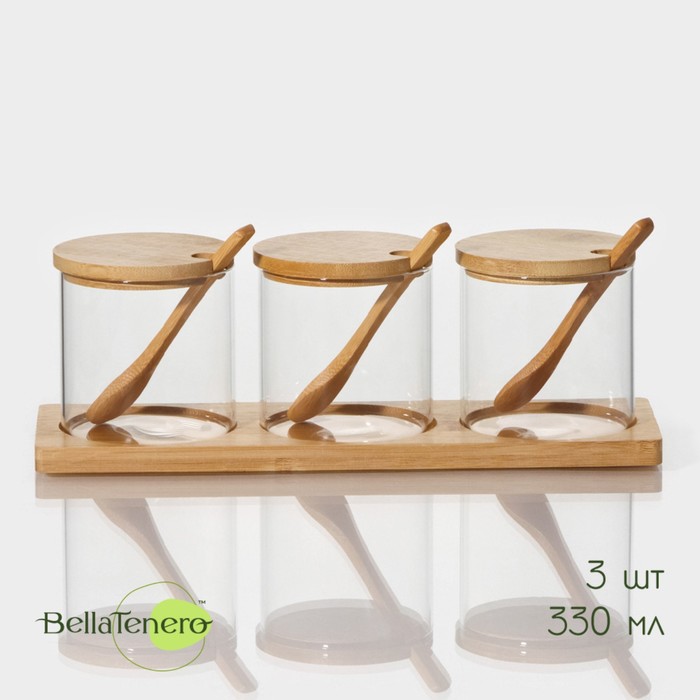 Набор банок стеклянных для сыпучих продуктов на бамбуковой подставке BellaTenero «Эко», 3 предмета: 330 мл набор стеклянных банок для сыпучих продуктов magistro эко 3 предмета 220 320 420 мл с ложками