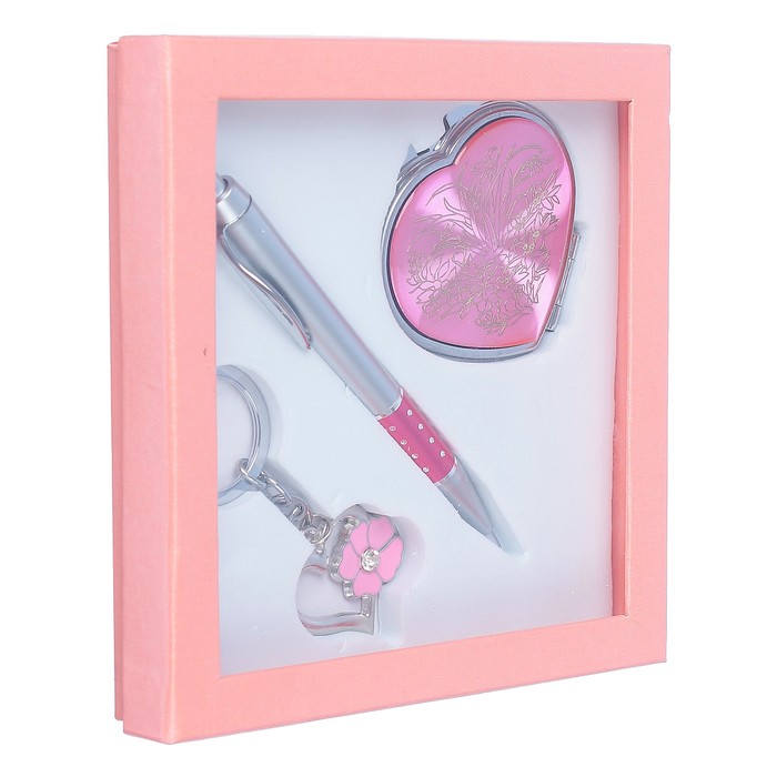 Набор подарочный 3в1: зеркало "Сердце", ручка, брелок "Сердце с цветком"