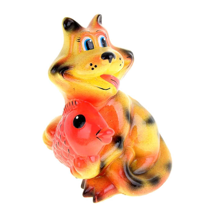 Копилка "Кот с рыбой" глянец, рыжая