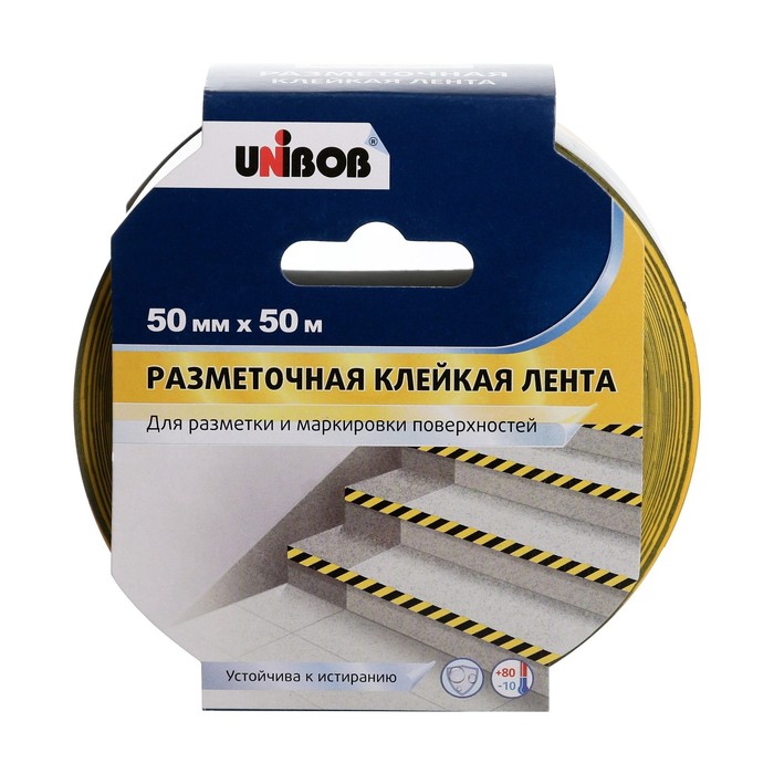 

Лента сигнальная, клейкая, разметочная "Unibob" желто-черная, ширина - 5 см, 50 м