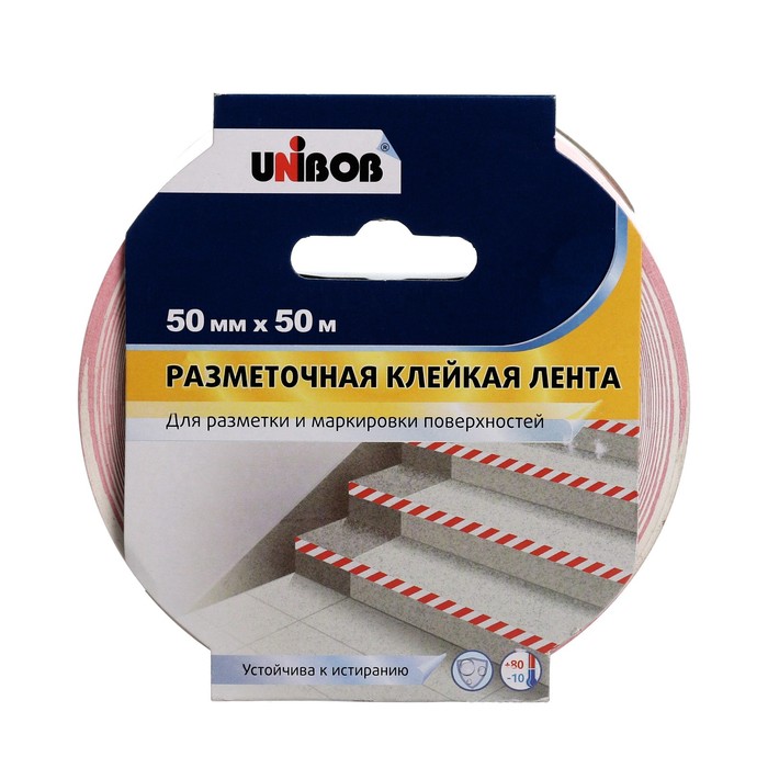 

Лента сигнальная, клейкая, разметочная "Unibob" красно-белая, ширина - 5 см, 50 м