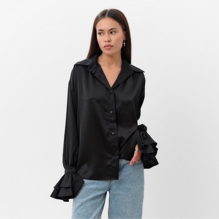 Блуза женская шелковая с воланами MIST, размер 44, черный блуза mist размер 44 черный