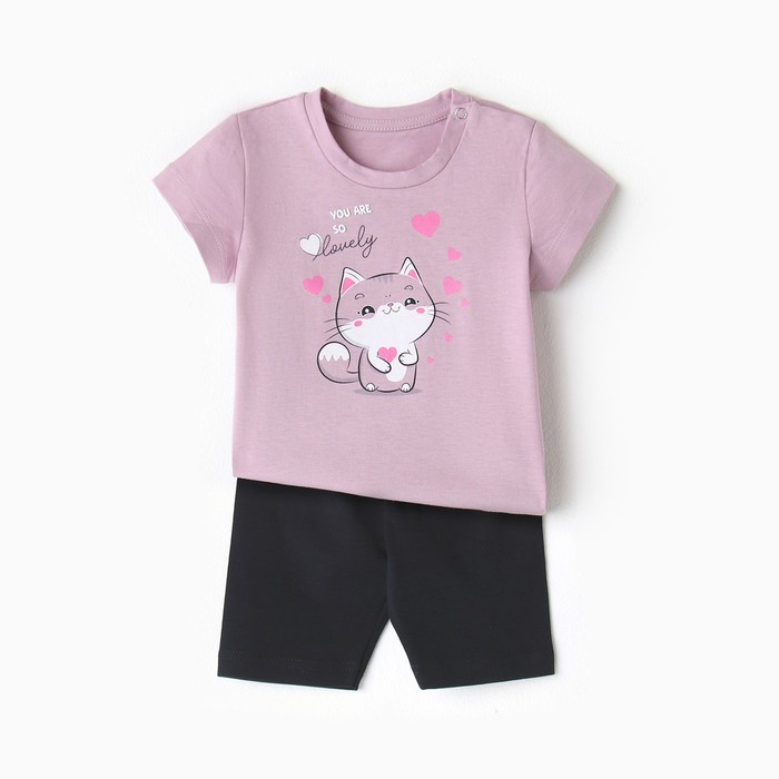 Комплект для девочки (футболка, шорты), цвет розовый/тёмно-синий, рост 80 см