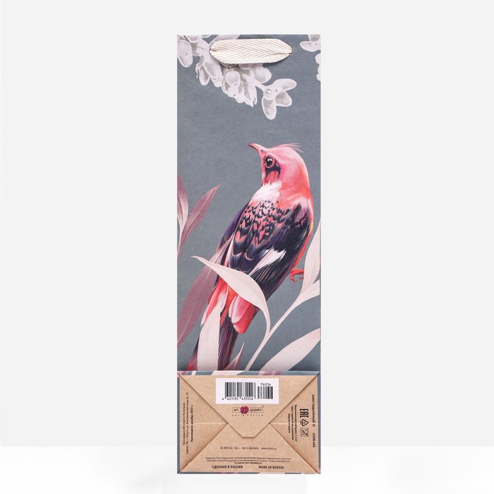 фото Пакет подарочный под бутылку «pink bird» 12 х 36 х 8,5 см арт дизайн