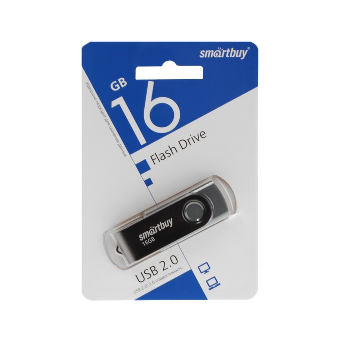 Флешка Smartbuy Twist, 16 Гб, USB 2.0, чт до 25 Мб/с, зап до 15 Мб/с, черная флешка twist color синяя с белым 16 гб