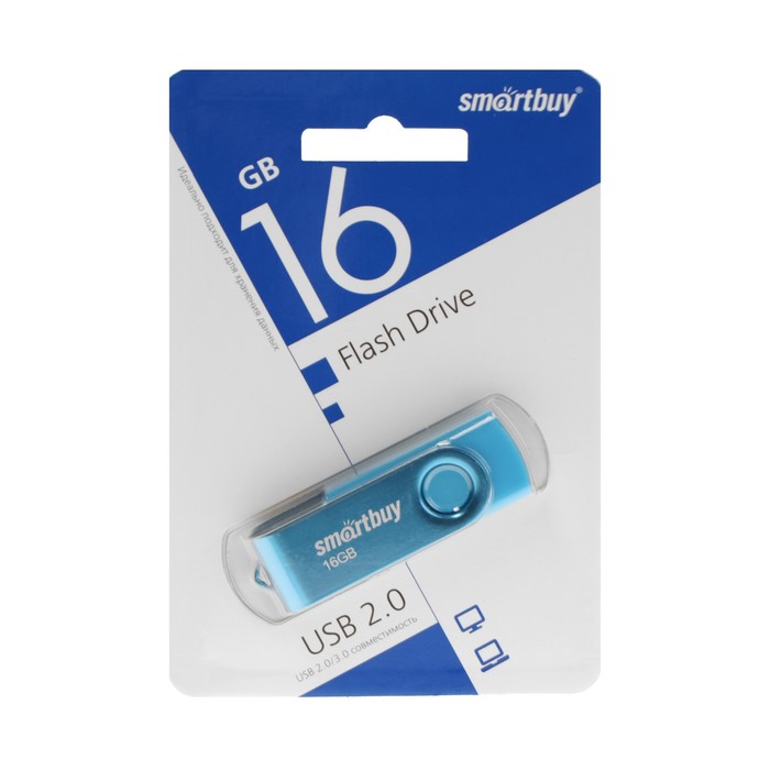 

Флешка Smartbuy Twist, 16 Гб, USB 2.0, чт до 25 Мб/с, зап до 15 Мб/с, синяя