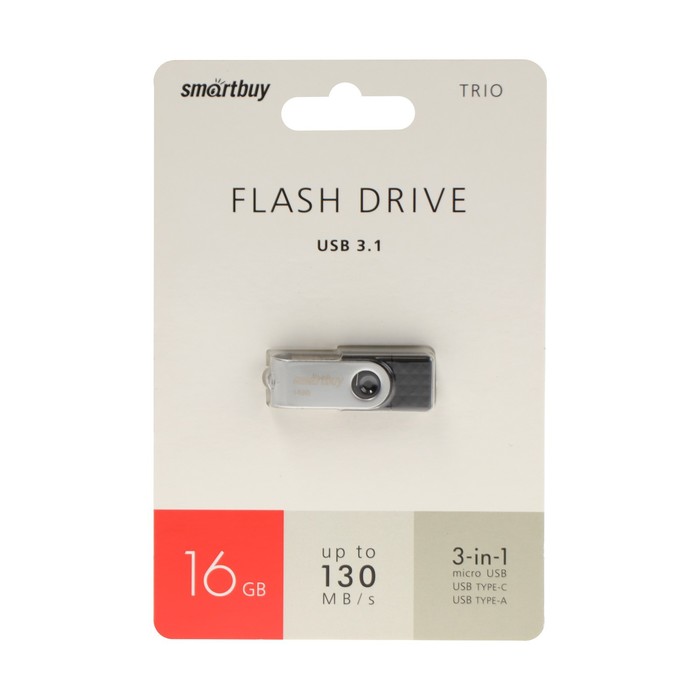 

Флешка Smartbuy TRIO 3-in-1 OTG,16 Гб,USB3.0, Type-C, microUSB, чт до 100Мб/с, зап до 10Мб/с