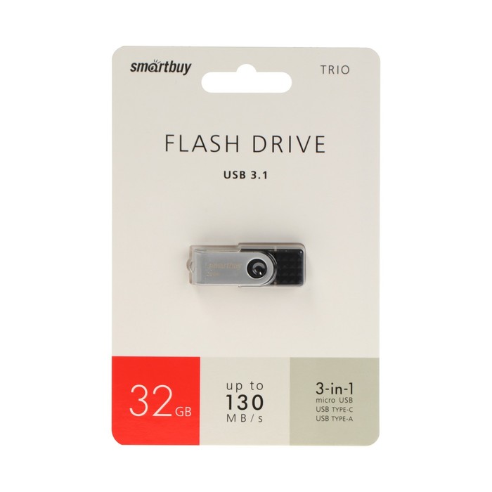 

Флешка Smartbuy TRIO 3-in-1 OTG,32Гб, USB3.0, Type-C, microUSB, чт до 100Мб/с, зап до 10Мб/с