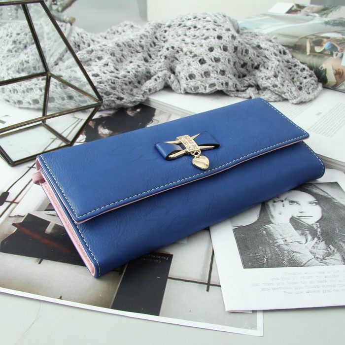 Кошелек женский "Эмилина", 2 отдела, для карт, для монет, хлястик, цвет синий