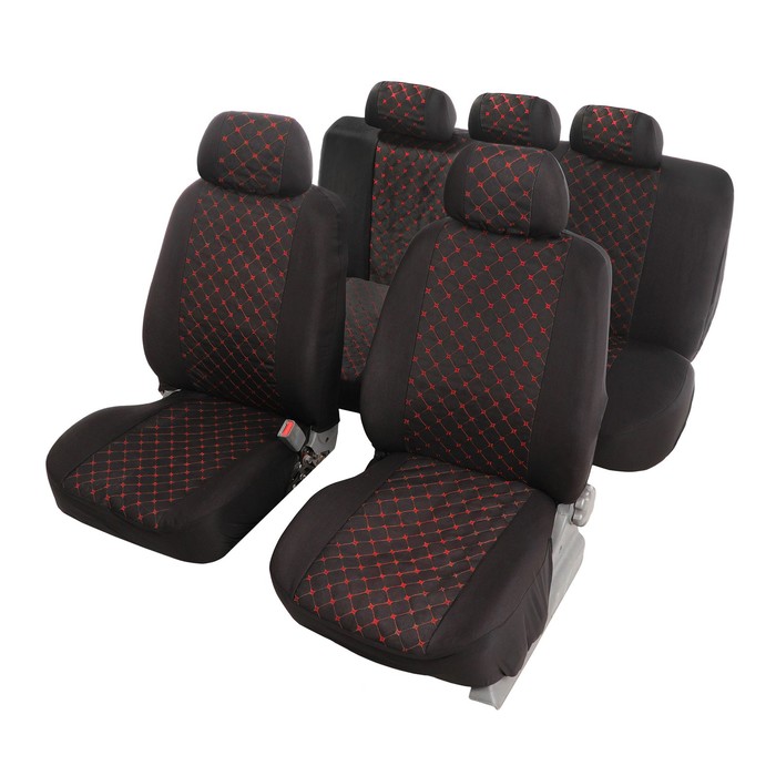 Чехлы на сиденья в автомобиль TORSO Premium, 11 предметов, красная строчка фото