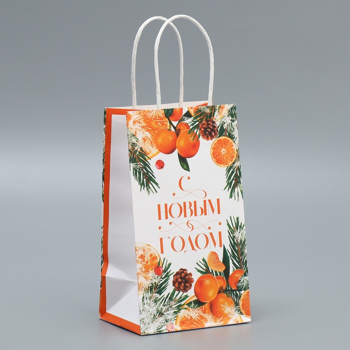 Пакет подарочный крафтовый «Новогодний цитрус», 12 × 21 × 9 см