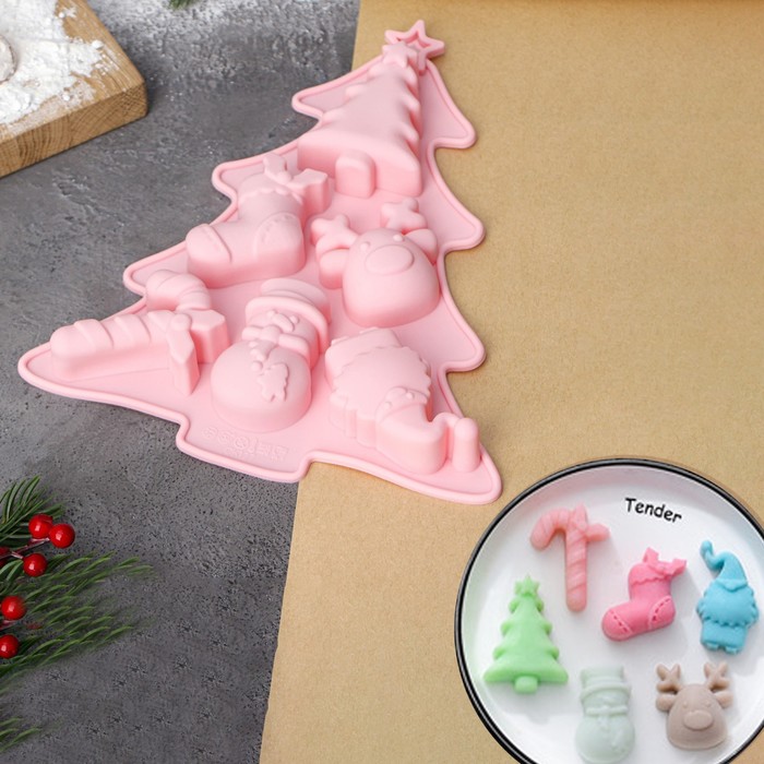 Форма для выпечки Доляна «Новогоднее настроение», силикон, 23×19×2,5 см, 6 ячеек, цвет розовый форма для выпечки мармитон розы 6 ячеек силикон