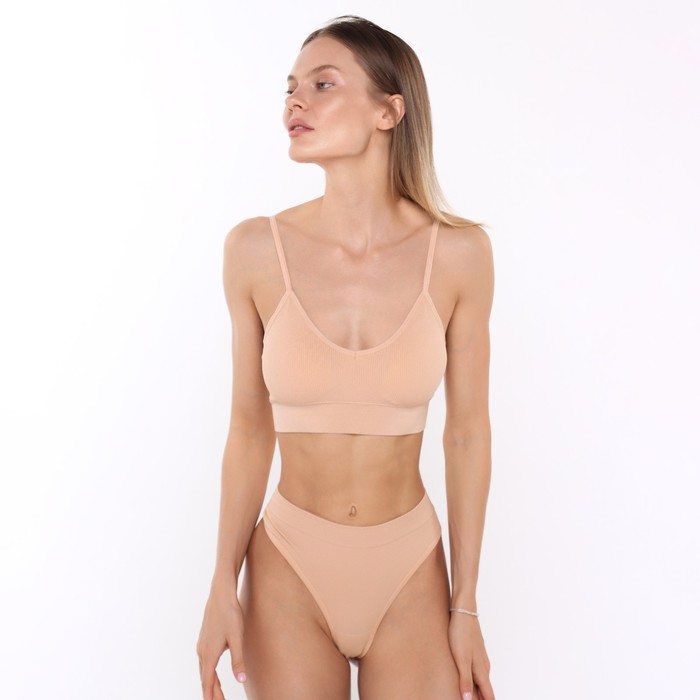 фото Комплект женский (топ, стринги), цвет бежевый, one size (42-46) white cotton