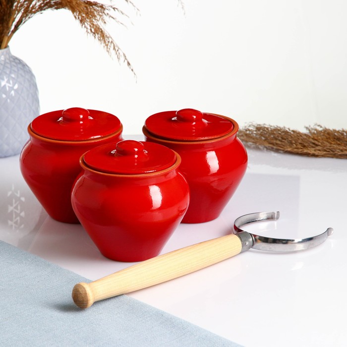 Набор Вятская керамика Трио 0,5лх3шт + ухват, красный набор керамических горшков для запекания вятская керамика 4 предмета