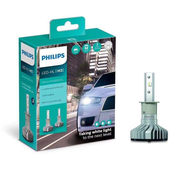 Лампа Philips H3 12/24V-LED (PK22s) 5800K 15W Ultinon Pro5000 HL LED, 2 шт, 11336U50CWX2 лампа philips fest t10 5x38 12 в led 0 6w sv8 5 6000k ultinon pro3000 11854u30cwb1