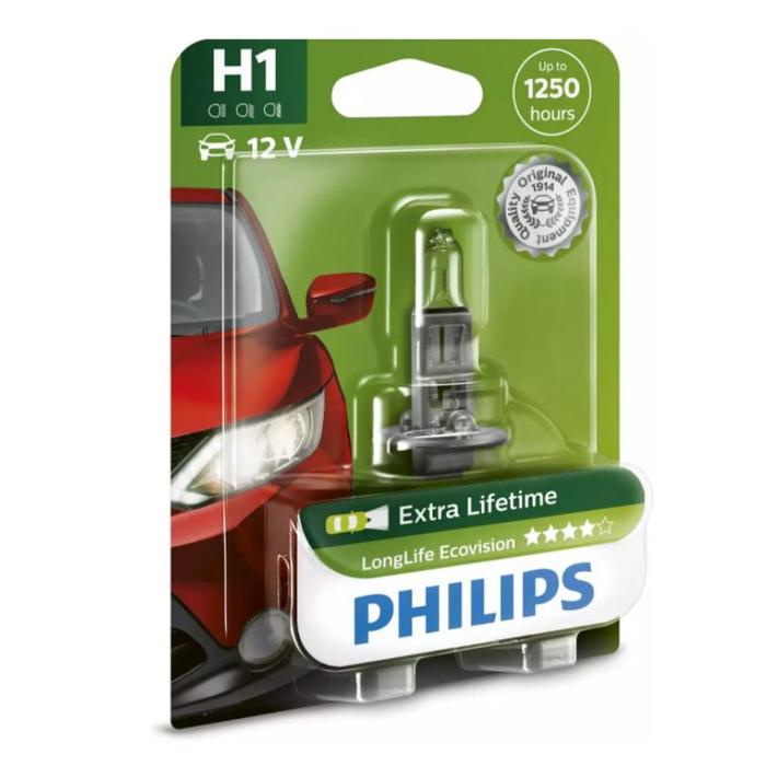 Лампа Philips H1 12 В, 55W (P14,5s) LongLife EcoVision, блистер 1 шт, 12258LLECOB1 лампа philips h3 12 в 55w pk22s 60% вид whitevision ultra блистер 1 шт 12336wvub1 685936