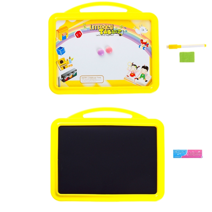 Доска магнитная двухсторонняя с ручкой + 2 мелка, стиралка, маркер, 2 магнита, цвета МИКС