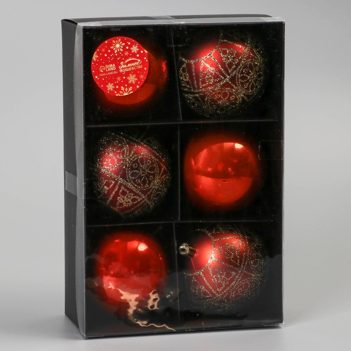 фото Набор шаров пластик d-7,5 см, 6 шт "морозная росшивь" орнамент, коричневый зимнее волшебство