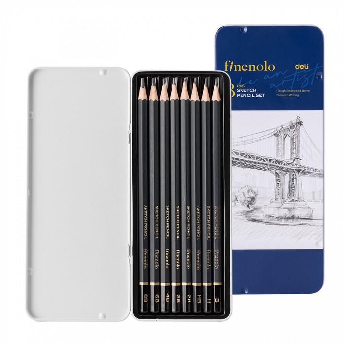 finenolo набор карандашей чернографитных разной твердости finenolo sketch 8 штук 8b 2h в металлическом пенале Набор карандашей чернографитных разной твердости Finenolo Sketch, 8 штук, 8B-2H, в металлическом пенале