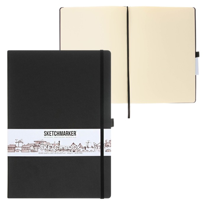 

Скетчбук Sketchmarker, 210 х 300 мм, 80 листов, твёрдая обложка из искусственной кожи, черный, блок 140 г/м2
