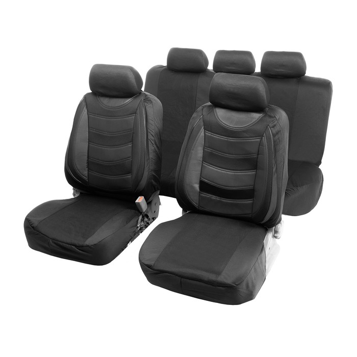 Чехлы на сиденья в автомобиль TORSO Premium универсальные, 11 предметов, кожаные вставки, чёрный цена и фото