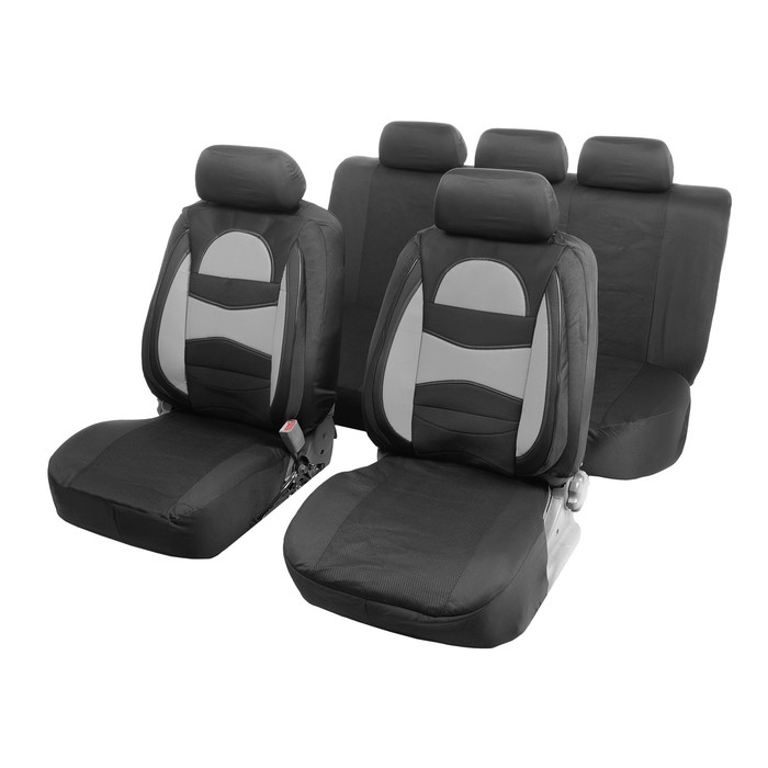 Чехлы на сиденья в автомобиль TORSO Premium, 11 предметов, кожаные вставки, серые вставки цена и фото