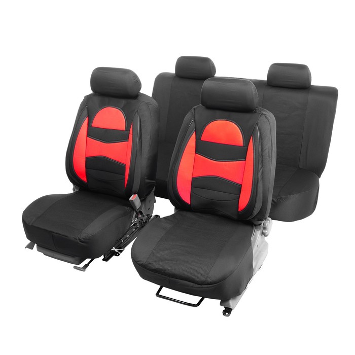 Чехлы на сиденья в автомобиль TORSO Premium, 11 предметов, кожаные вставки, красные вставки фото