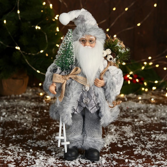Дед Мороз Клетчатом жилете и с ёлкой 30 см, серый