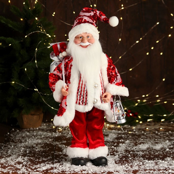 дед мороз в полосатом шарфе и с фонариком 44 см бело красный Дед Мороз В полосатом жилете музыка шевелит головой, 43 см, красный
