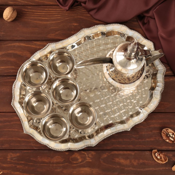 Набор посуды с перламутровыми вставками "Пава": поднос, 6 чашек, чайник