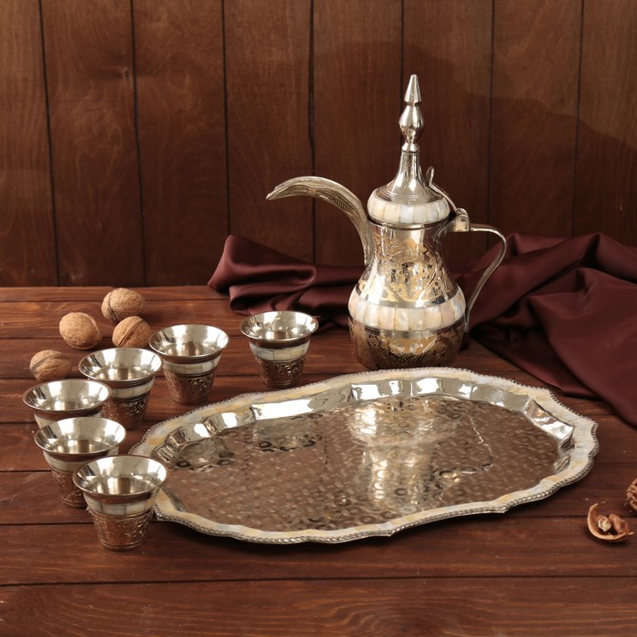Набор посуды с перламутровыми вставками "Пава": поднос, 6 чашек, чайник