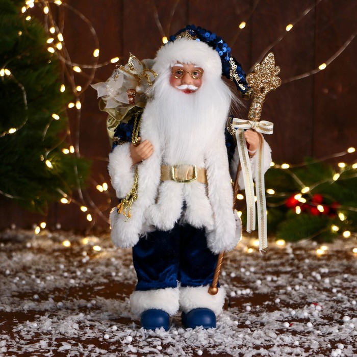 Дед Мороз С охапкой подарков и бантом 30 см, синий дед мороз с охапкой подарков и в меховых сапожках 50 см красный