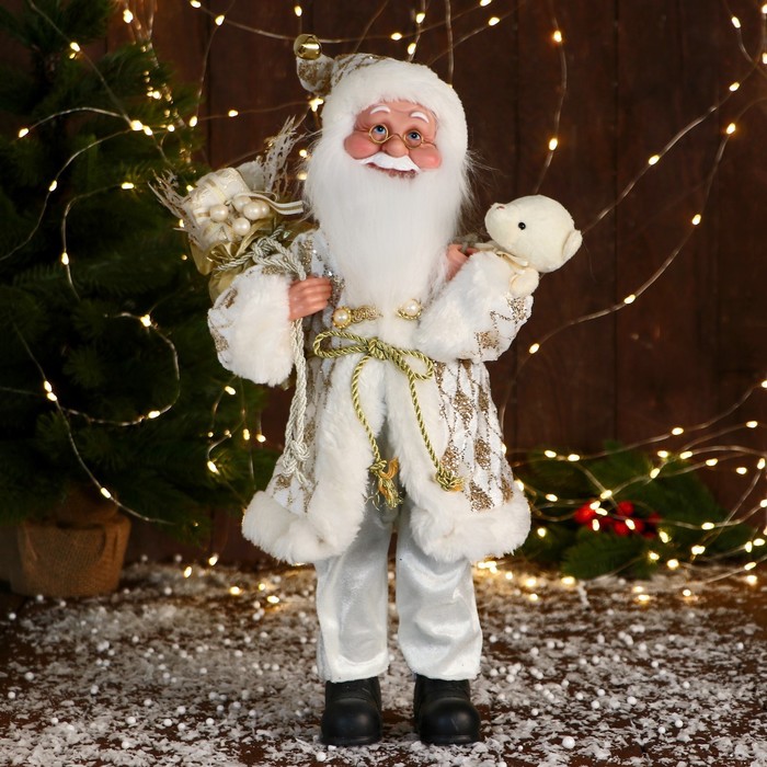 Дед Мороз В узорчатом кафтане музыка шевелит головой, 43 см, бело-золотой