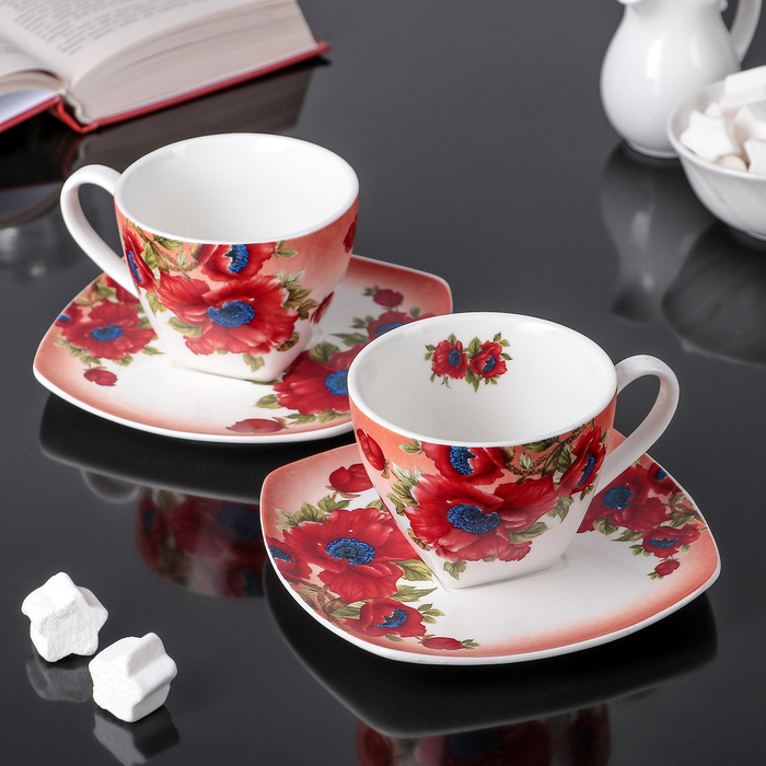 Сервиз чайный "Герберы", 4 предмета: 2 чашки 250 мл, 2 блюдца 15 см