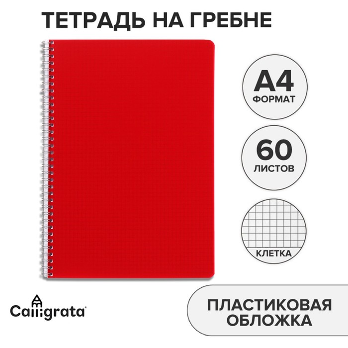 

Тетрадь на гребне A4 60 листов в клетку Calligrata Красная, пластиковая обложка, блок офсет