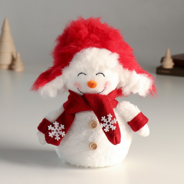 Кукла интерьерная Снеговик в красной шапке ушанке-колпаке 19 см