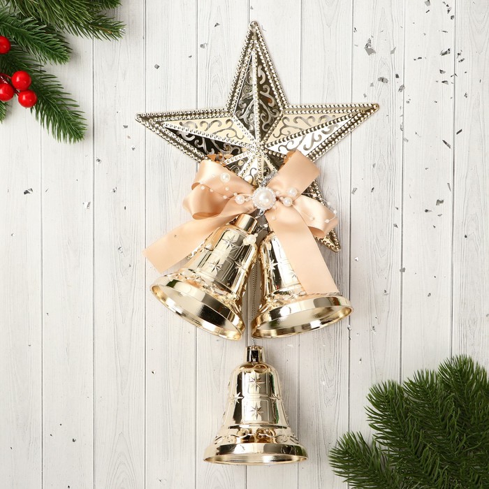 Украшение новогоднее Уютная сказка колокольчики звезда бант бусинки, 16х31 см, золото