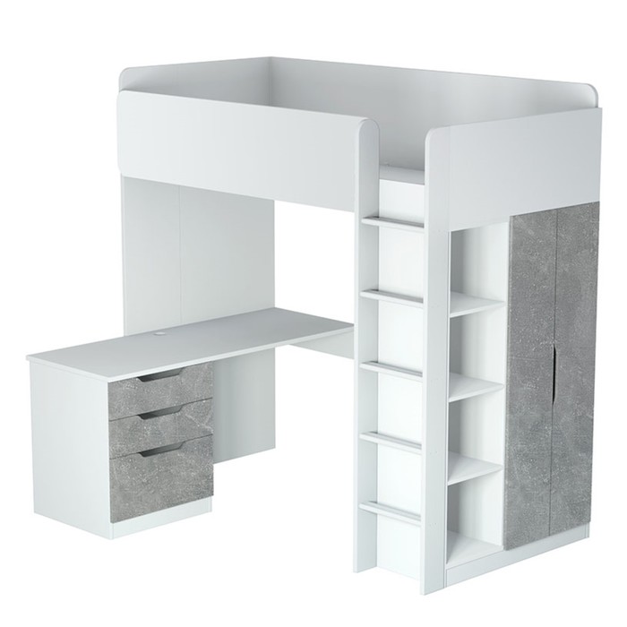 Кровать-чердак Polini kids Simple, с письменным столом и шкафом, цвет белый-бетон