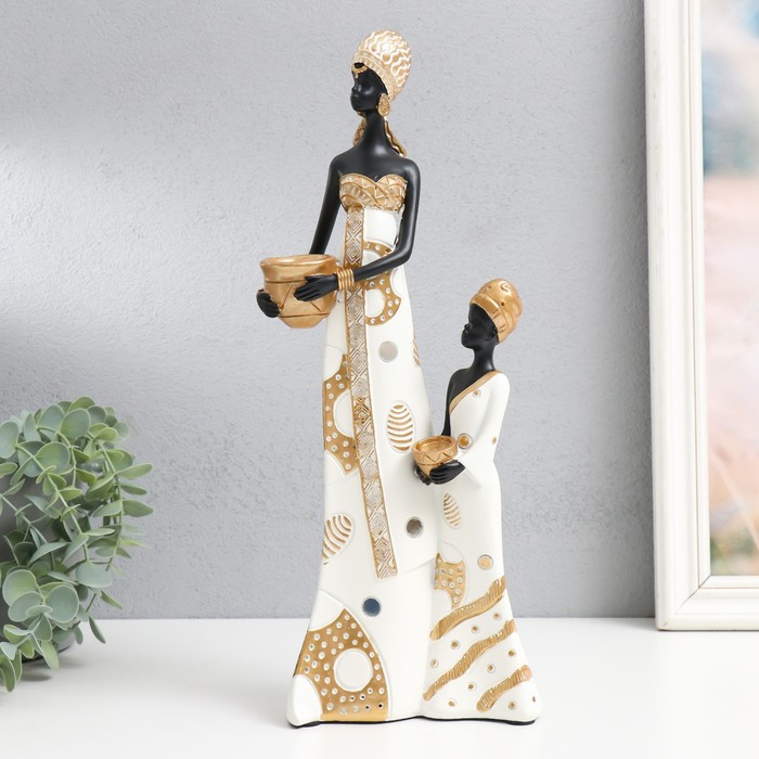 Сувенир полистоун Африка - Мать и дочь, с глиняной посудой бело-золотой 15х8,5х36,5 см