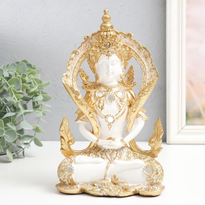 Сувенир полистоун Тибетский будда - поза лотоса бело-золотой 14х7х23 см