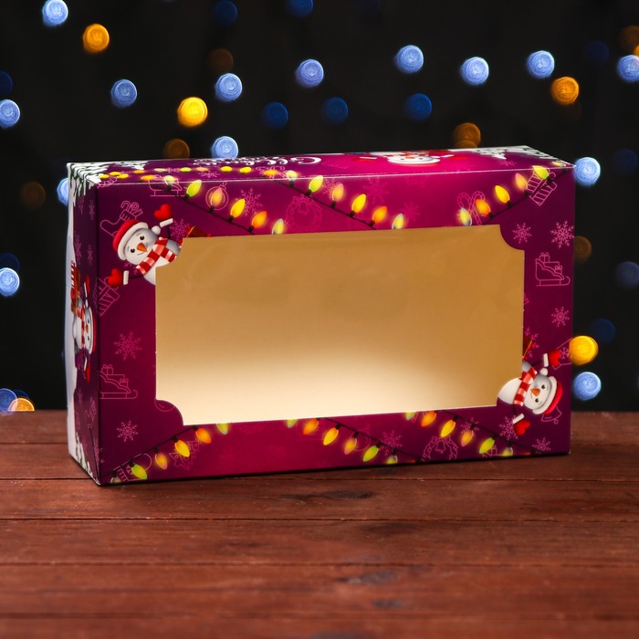 фото Коробка складная с окном под зефир "снеговик с подарками", 25 х 15 х 7 см