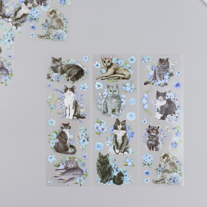 Наклейки для творчества Серые котики и голубые цветы набор 6 листов 18х6 см