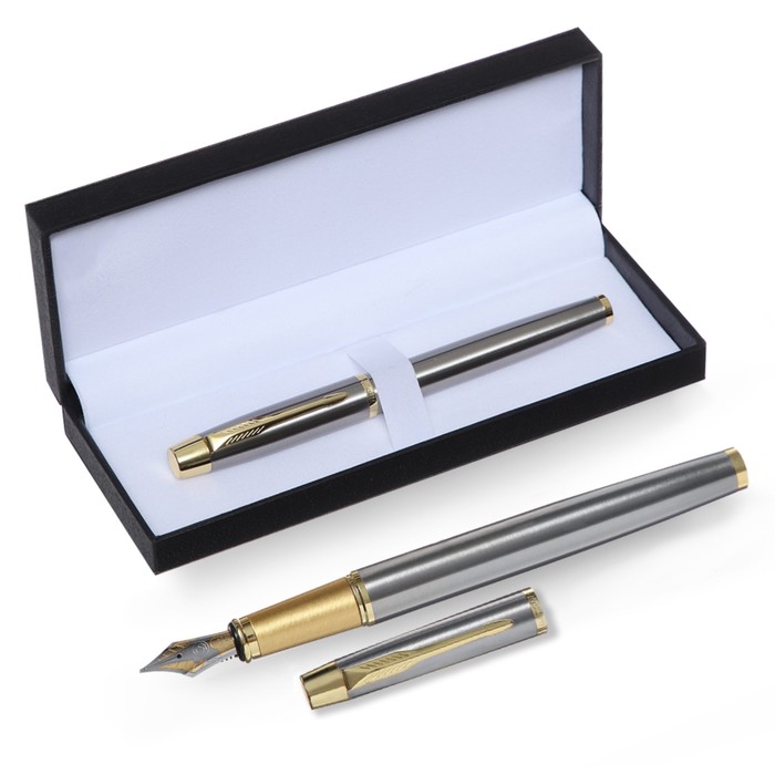 Ручка подарочная перьевая в кожзам футляре, корпус серебро, золото цена и фото