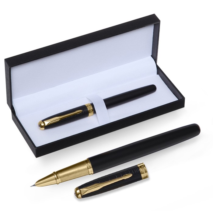 Ручка подарочная перьевая в кожзам футляре, корпус черный, золото цена и фото