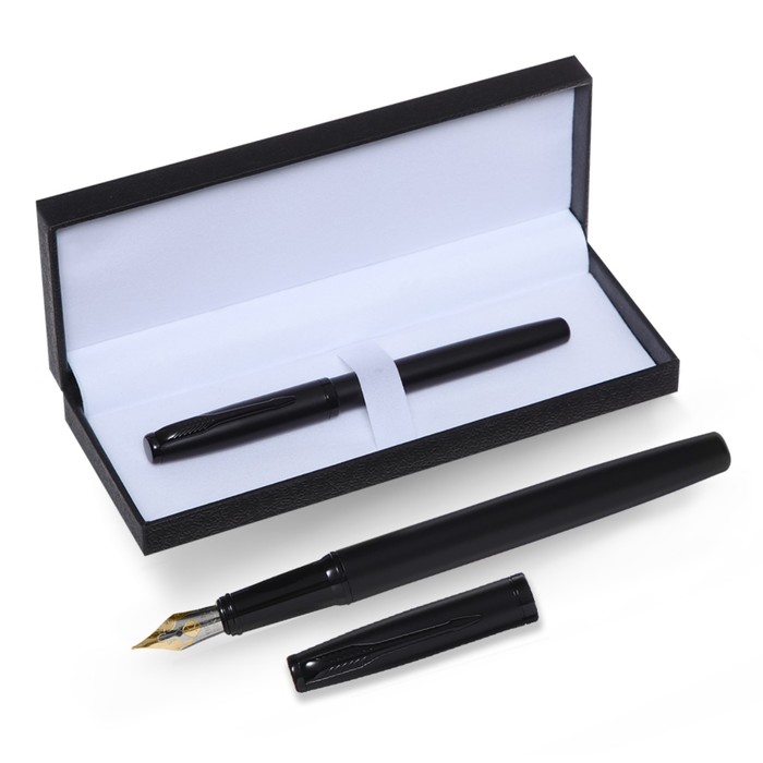 Ручка подарочная перьевая в кожзам футляре, корпус матовый черный цена и фото