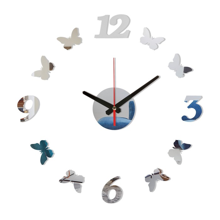 Часы-наклейка, серия: DIY, Бабочки, плавный ход, d-40 см, серебро
