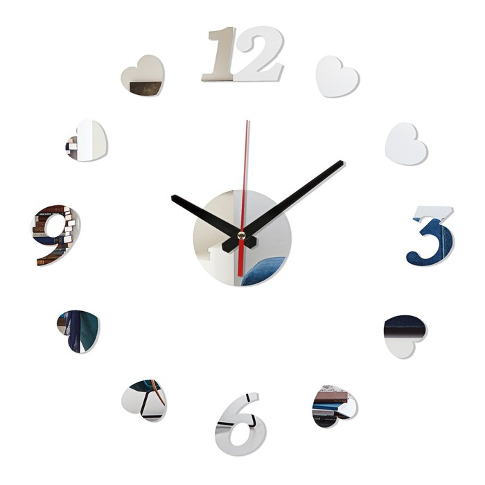 Часы-наклейка, серия: DIY, Сердечки, плавный ход, d-40 см, серебро